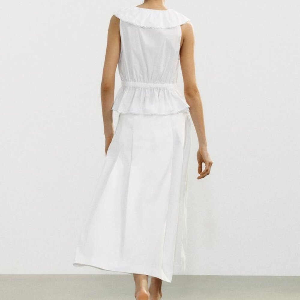 Zara White Pleated Midi Skirt - Size Large - Organic Cotton - Minimalist Chic - Picture 4 of 11